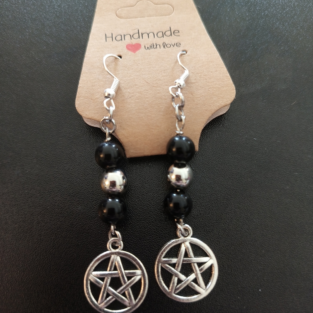 Handmade Black and Silver Pentagram Earrings